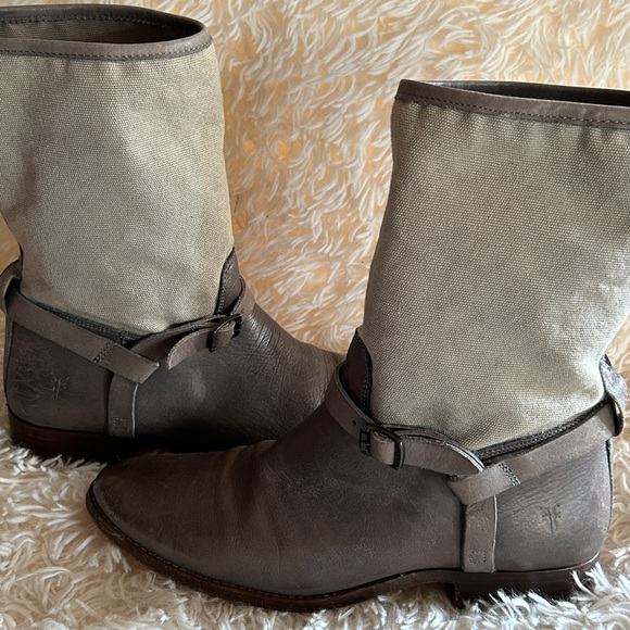 Frye Shoes - FRYE Women’s Melissa Short Shaft Moto In Leather Canvas Gray  Boots Sz 9 B